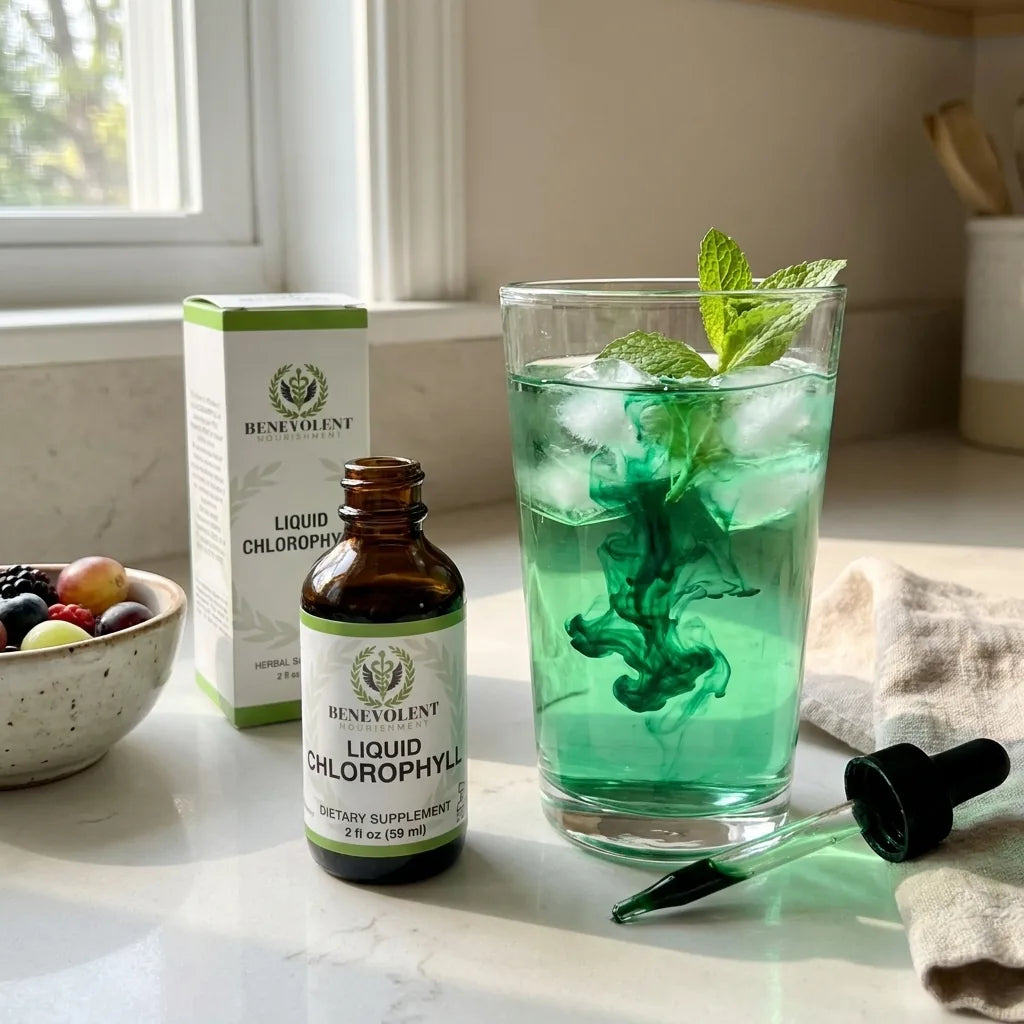 Frasco de clorofila Benevolent junto a un vaso de agua verde en la cocina, con luz de mañana