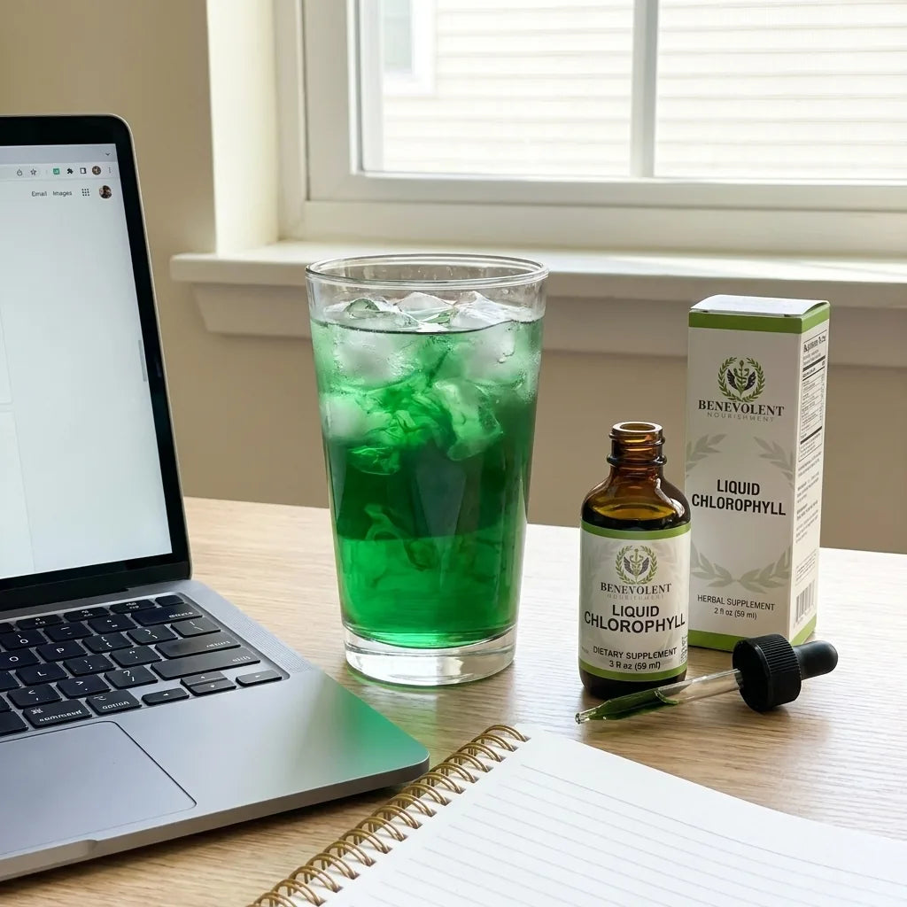 Vaso de agua verde con hielo y el frasco Benevolent en un escritorio