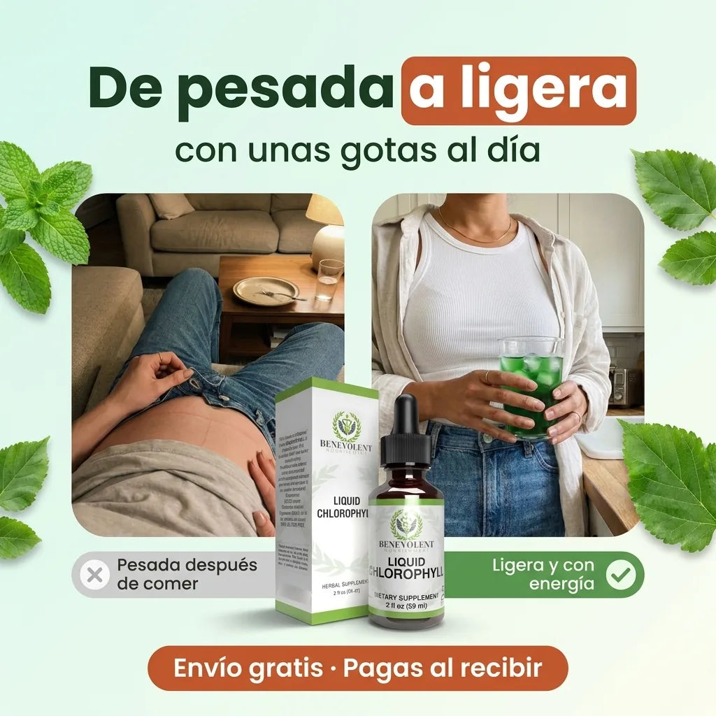 De pesada a ligera, con unas gotas al día: pesada después de comer, ligera y con energía con la clorofila Benevolent. Envío gratis y pagas al recibir.