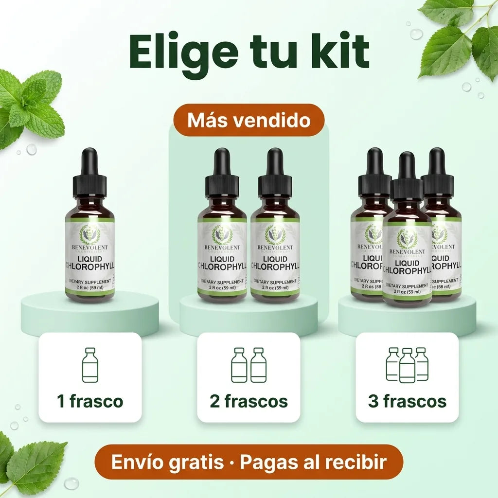 Elige tu kit: 1, 2 o 3 frascos de clorofila Benevolent, con envío gratis y pago al recibir.