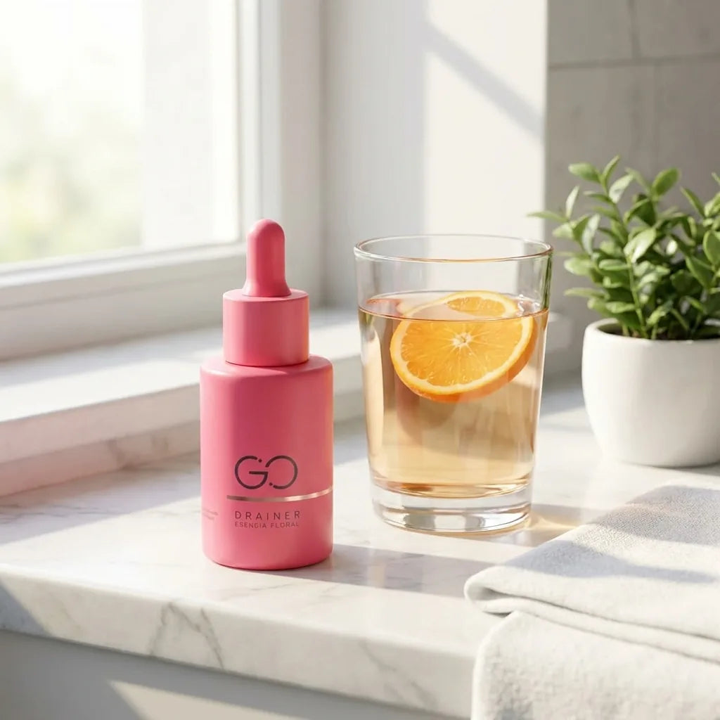 Go Drainer rosado en un baño con luz de mañana y un vaso de agua