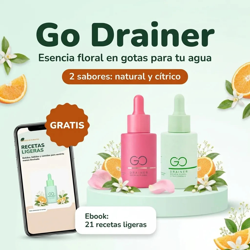 Go Drainer, esencia floral en gotas para tu agua, en 2 sabores: natural y cítrico. Gratis: ebook con 21 recetas ligeras.