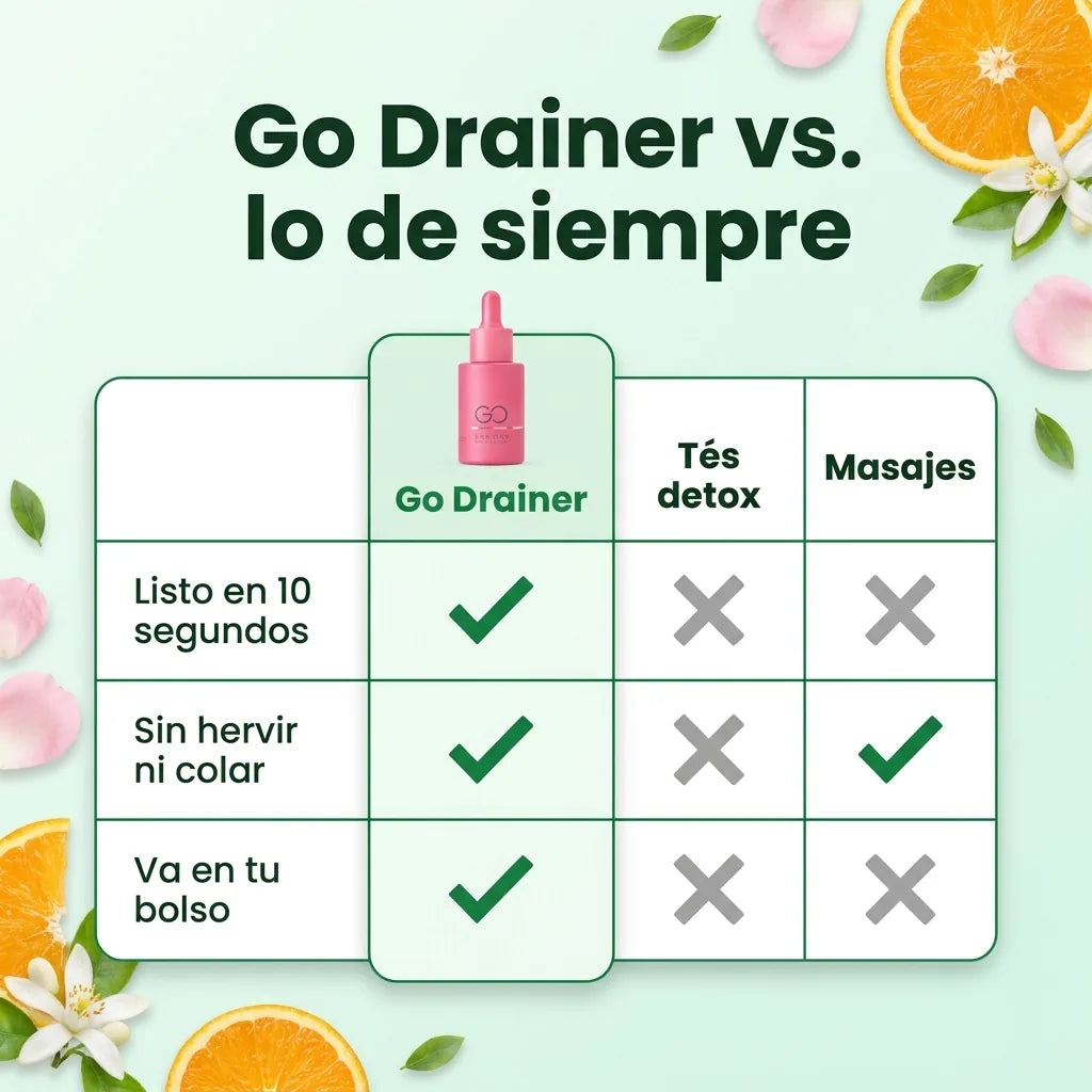 Go Drainer contra tés detox y masajes: listo en 10 segundos, sin correr al baño, va en tu bolso.