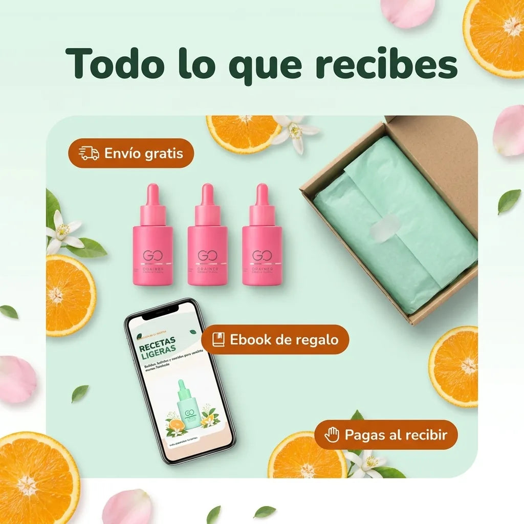 Todo lo que recibes: tus frascos, el ebook de regalo, envío gratis y pagas al recibir.