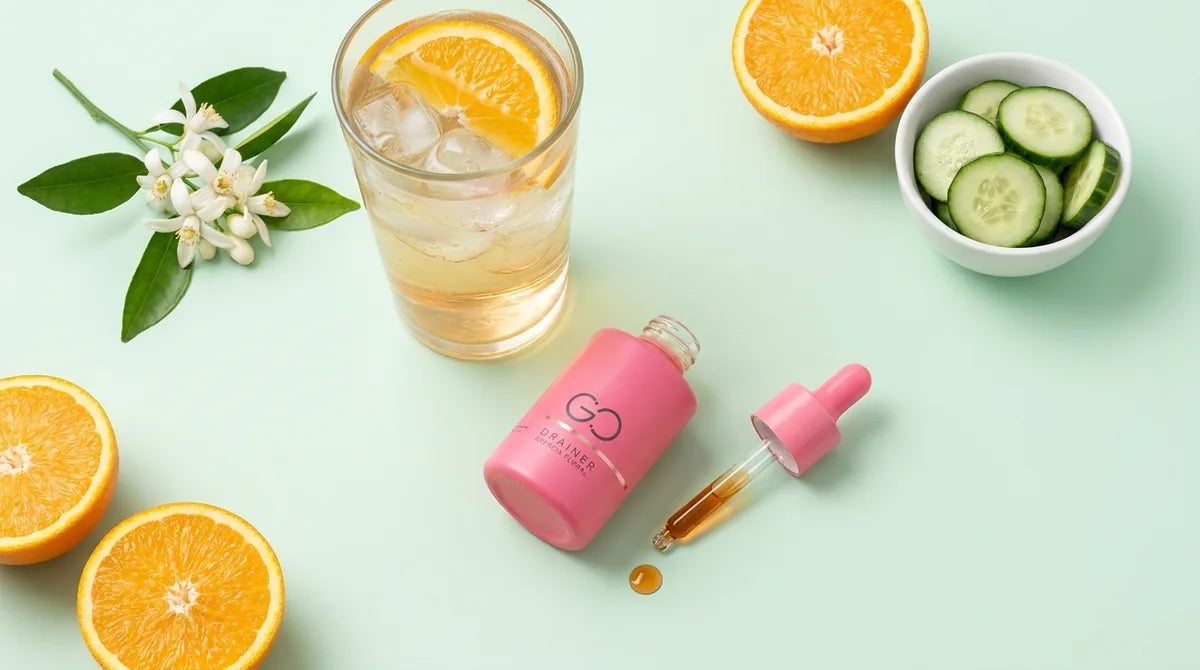 Botella de agua con naranja junto al frasco de Go Drainer